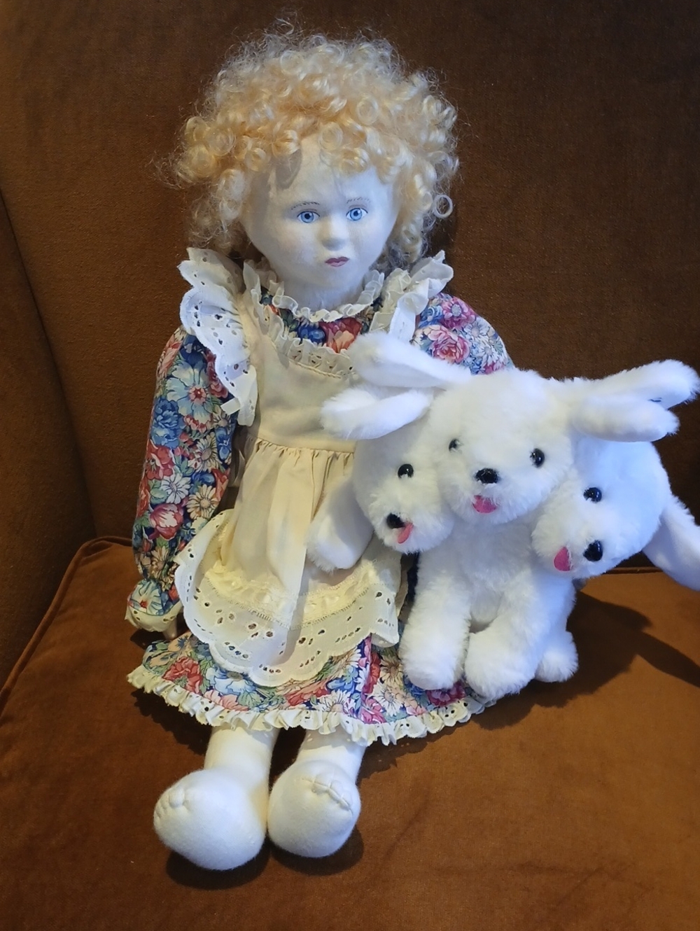 Creepy Haunted Cloth Doll with curly hair and her 3 headed Cerberus Dog